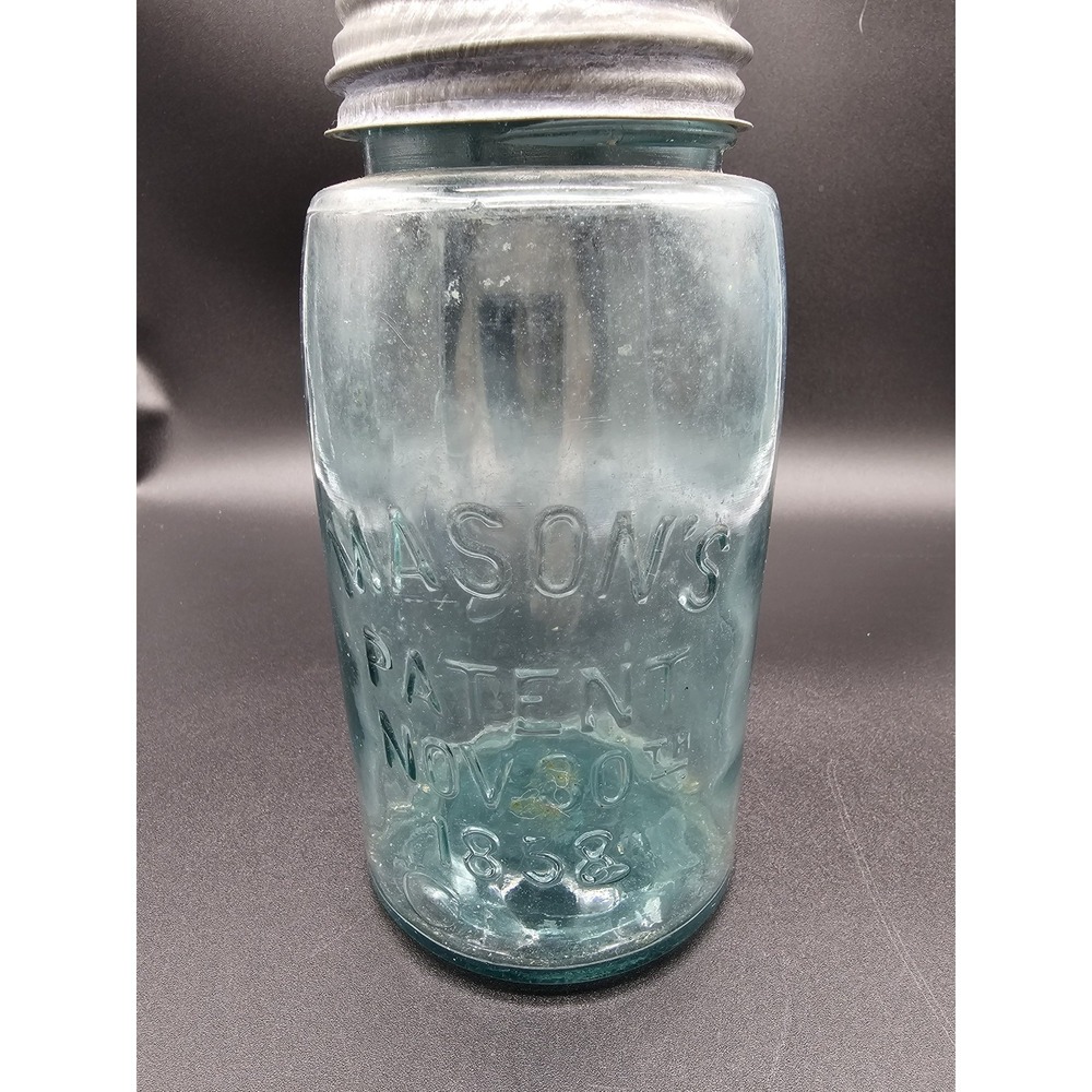 Antique Masons‎ Jar Patent Nov 30th 1858 Fruit Jar Aqua Glass & Zinc Lid Ball